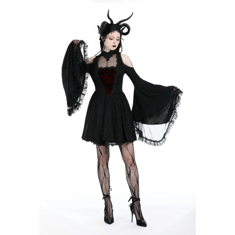 Darkinlove Women's Gothic Off Shoulder Lace Splice Dress