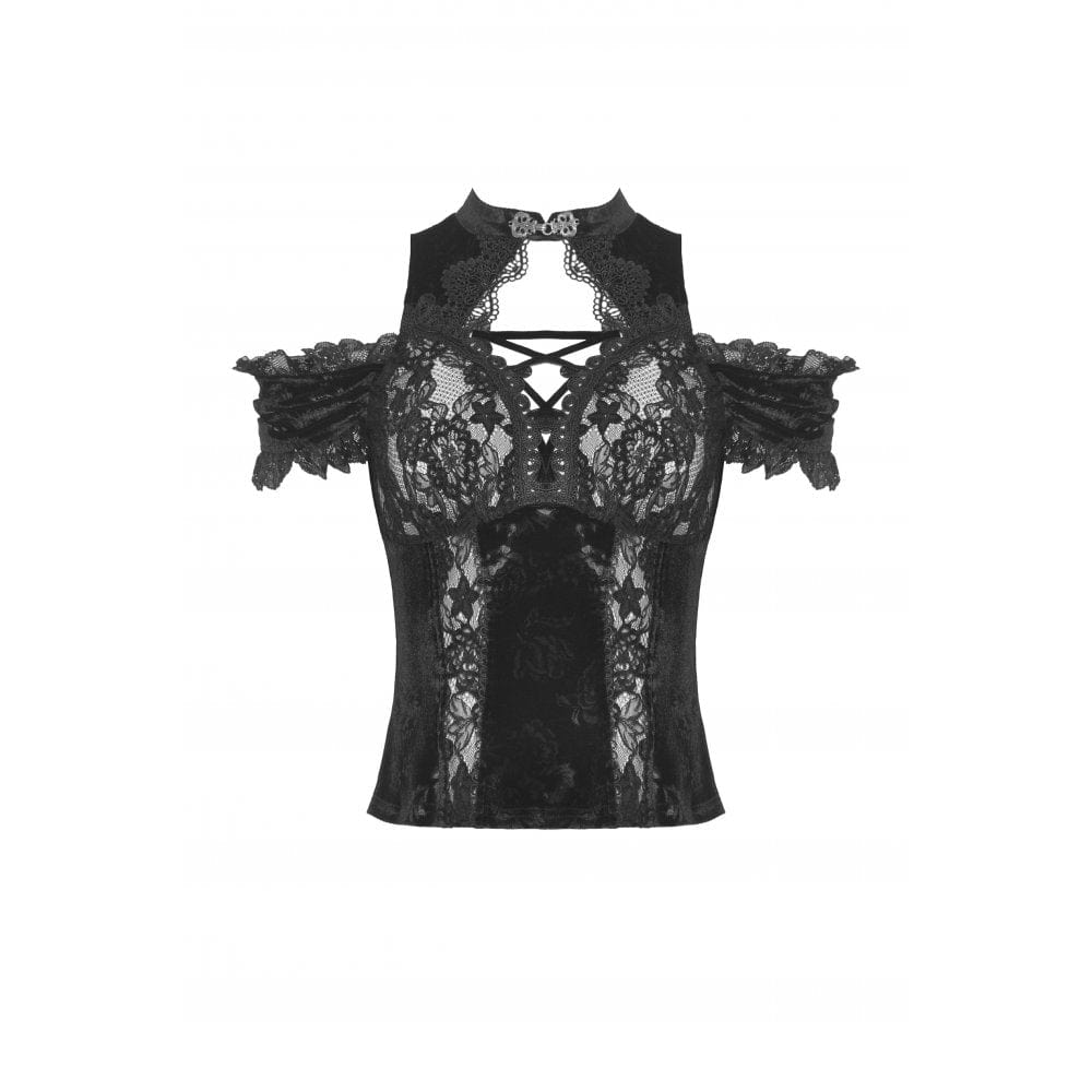 Darkinlove Women's Gothic Off Shoulder Lace Splice Velvet Top