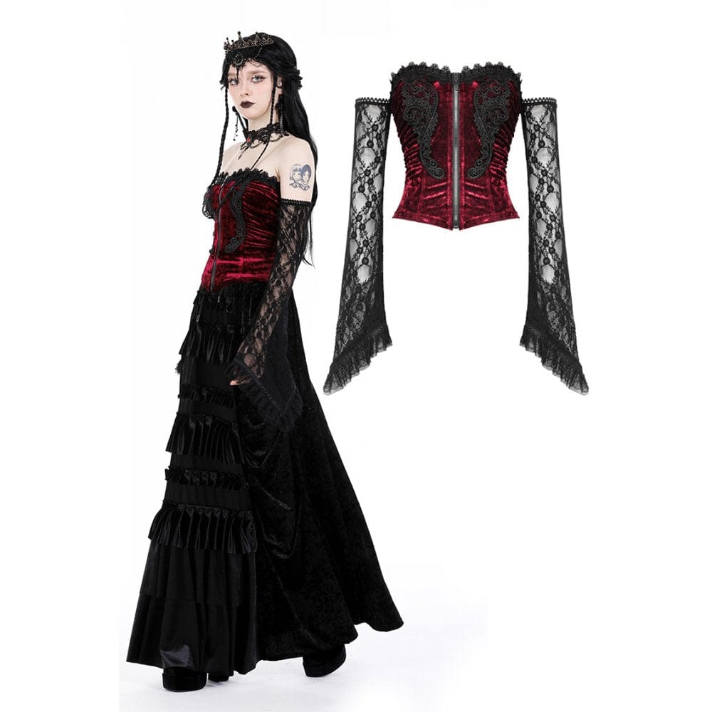 Darkinlove Women's Gothic Off Shoulder Lace Splice Velvet Top
