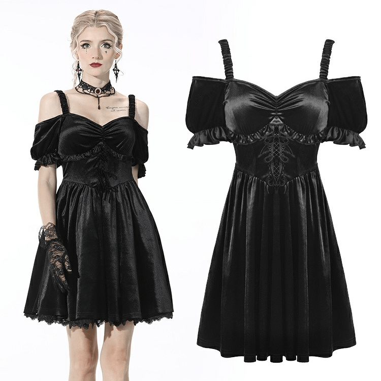 Darkinlove Women's Gothic Off Shoulder Pleated Black Velvet Dress