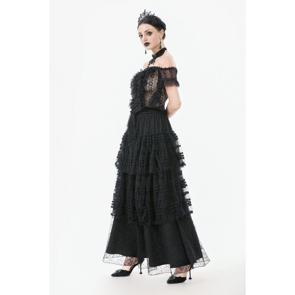 Darkinlove Women's Gothic Off Shoulder Ruffles Lace Top