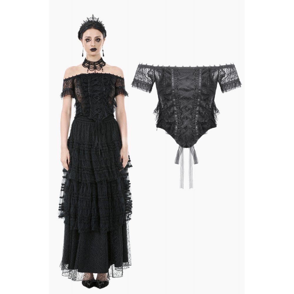 Darkinlove Women's Gothic Off Shoulder Ruffles Lace Top