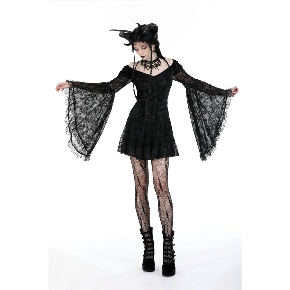 Darkinlove Women's Gothic Off Shoulder Velvet Splice Mesh Dress