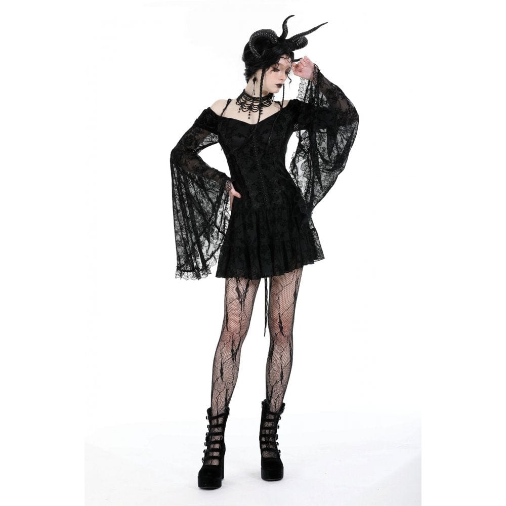 Darkinlove Women's Gothic Off Shoulder Velvet Splice Mesh Dress