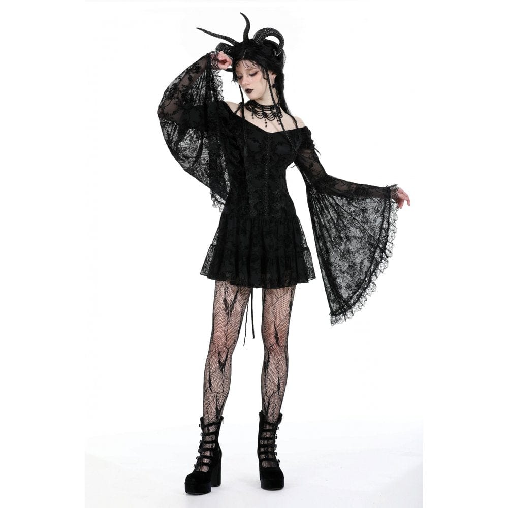 Darkinlove Women's Gothic Off Shoulder Velvet Splice Mesh Dress