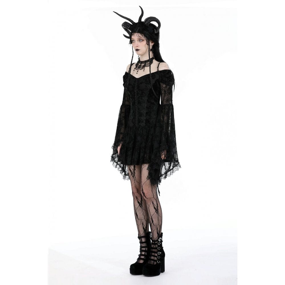 Darkinlove Women's Gothic Off Shoulder Velvet Splice Mesh Dress