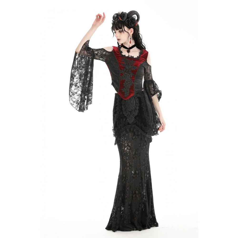 Darkinlove Women's Gothic Off-the-shoulder Contrast Color Lace Top