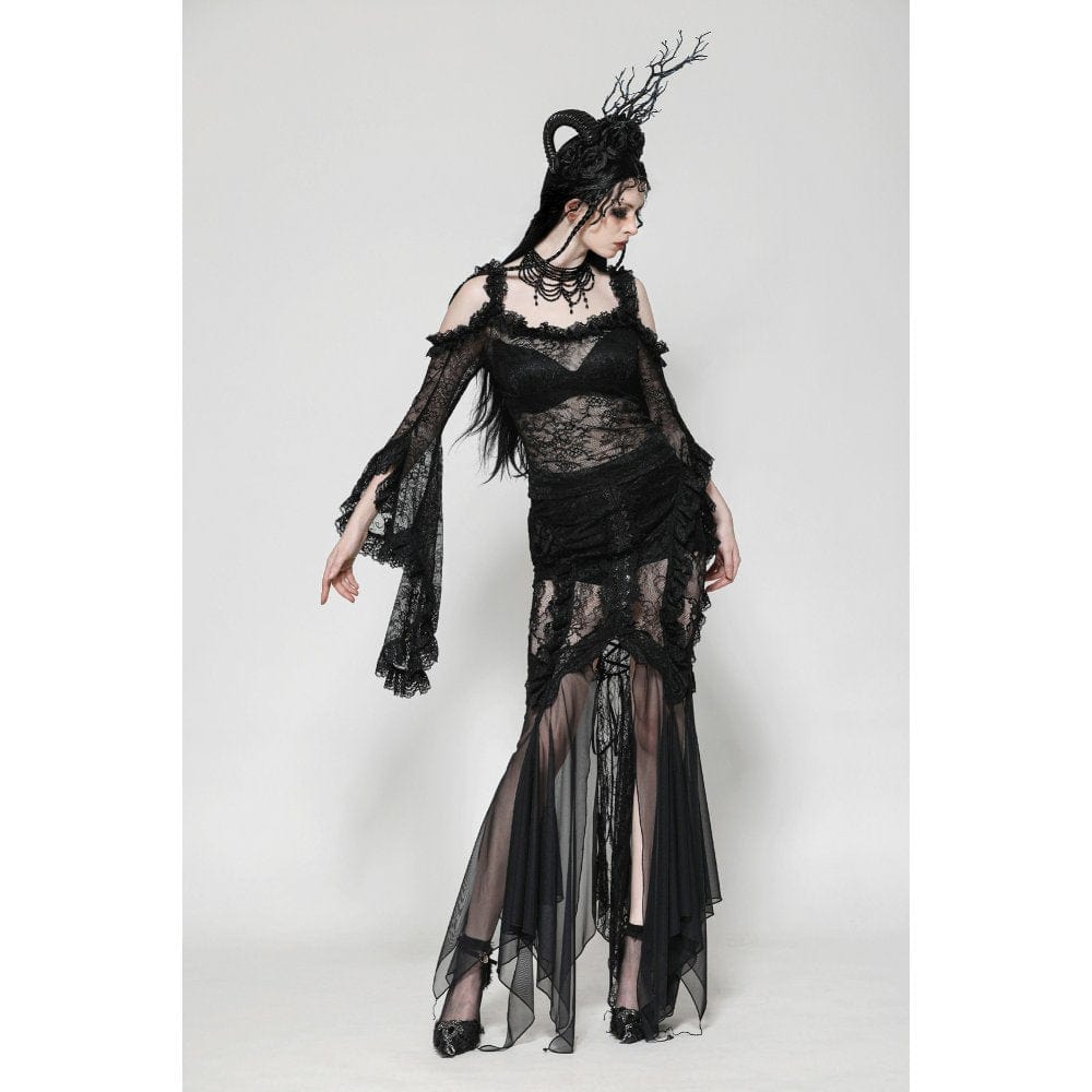 Darkinlove Women's Gothic Off-the-Shoulder Flared Sleeved Lace Shirt