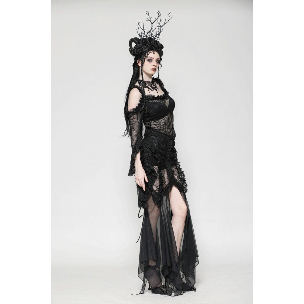 Darkinlove Women's Gothic Off-the-Shoulder Flared Sleeved Lace Shirt