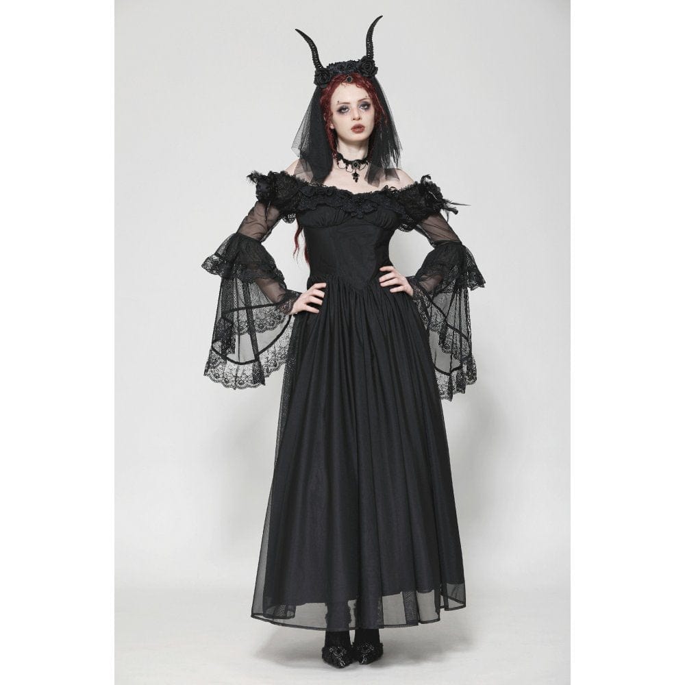Darkinlove Women's Gothic Off-the-Shoulder Lace Splice Ball Gown Dress