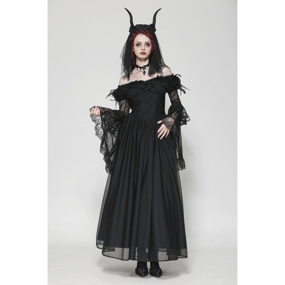 Darkinlove Women's Gothic Off-the-Shoulder Lace Splice Ball Gown Dress