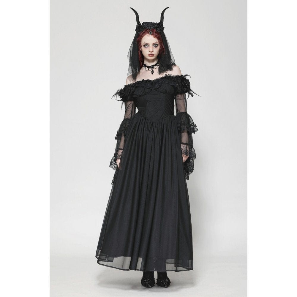 Darkinlove Women's Gothic Off-the-Shoulder Lace Splice Ball Gown Dress