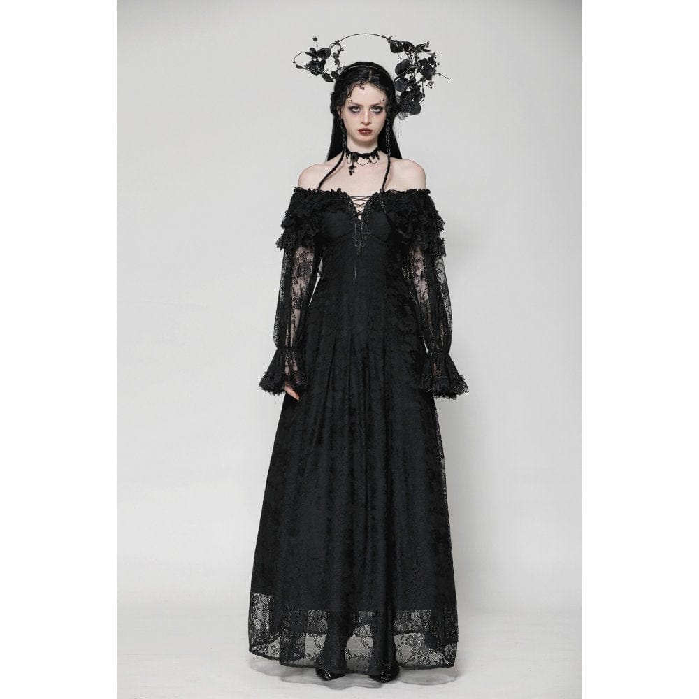 Darkinlove Women's Gothic Off-the-Shoulder Ruffled Lace Splice Prom Dress