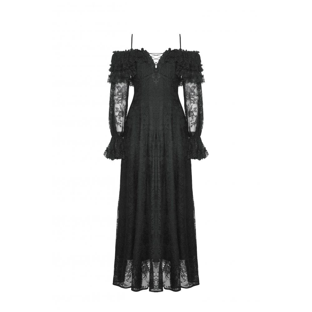 Darkinlove Women's Gothic Off-the-Shoulder Ruffled Lace Splice Prom Dress