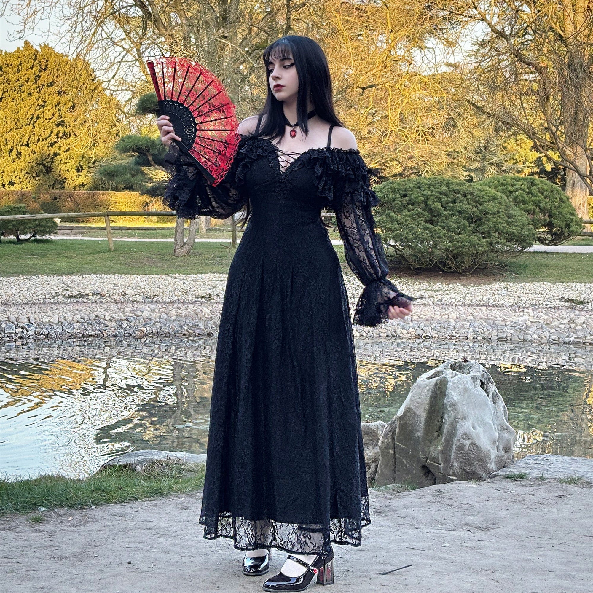 Darkinlove Women's Gothic Off-the-Shoulder Ruffled Lace Splice Prom Dress