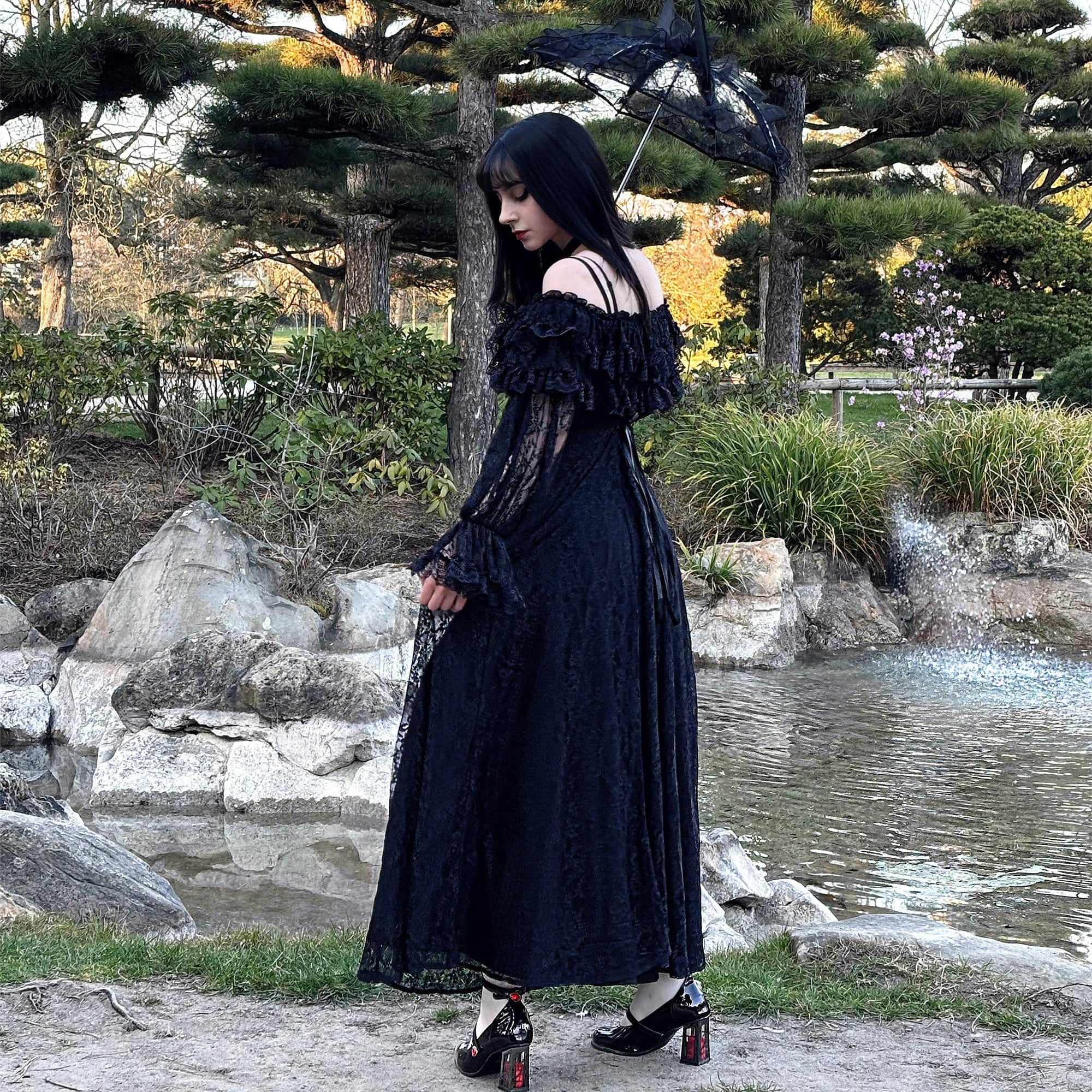 Darkinlove Women's Gothic Off-the-Shoulder Ruffled Lace Splice Prom Dress