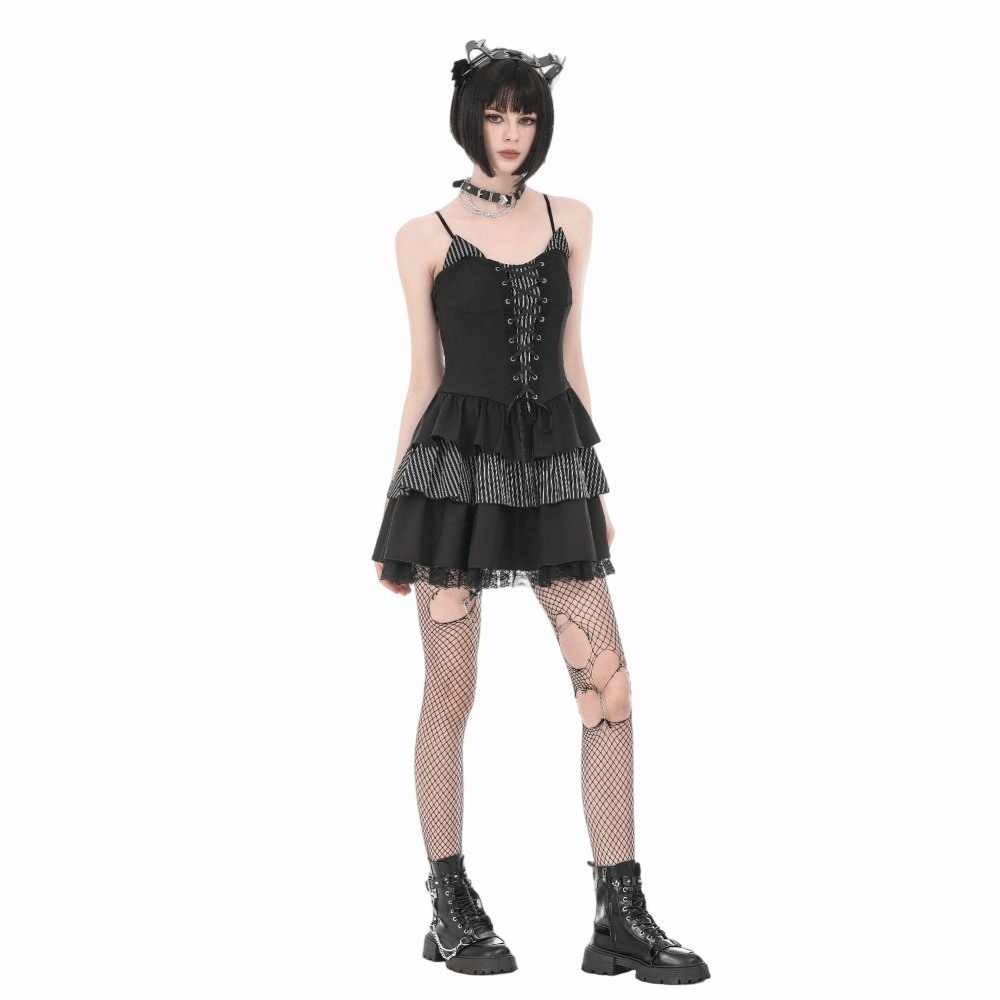 Darkinlove Women's Gothic Pinstripe Lace-up Slip Dress