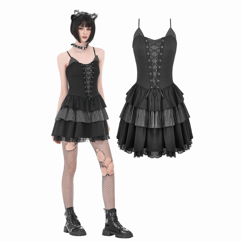 Darkinlove Women's Gothic Pinstripe Lace-up Slip Dress