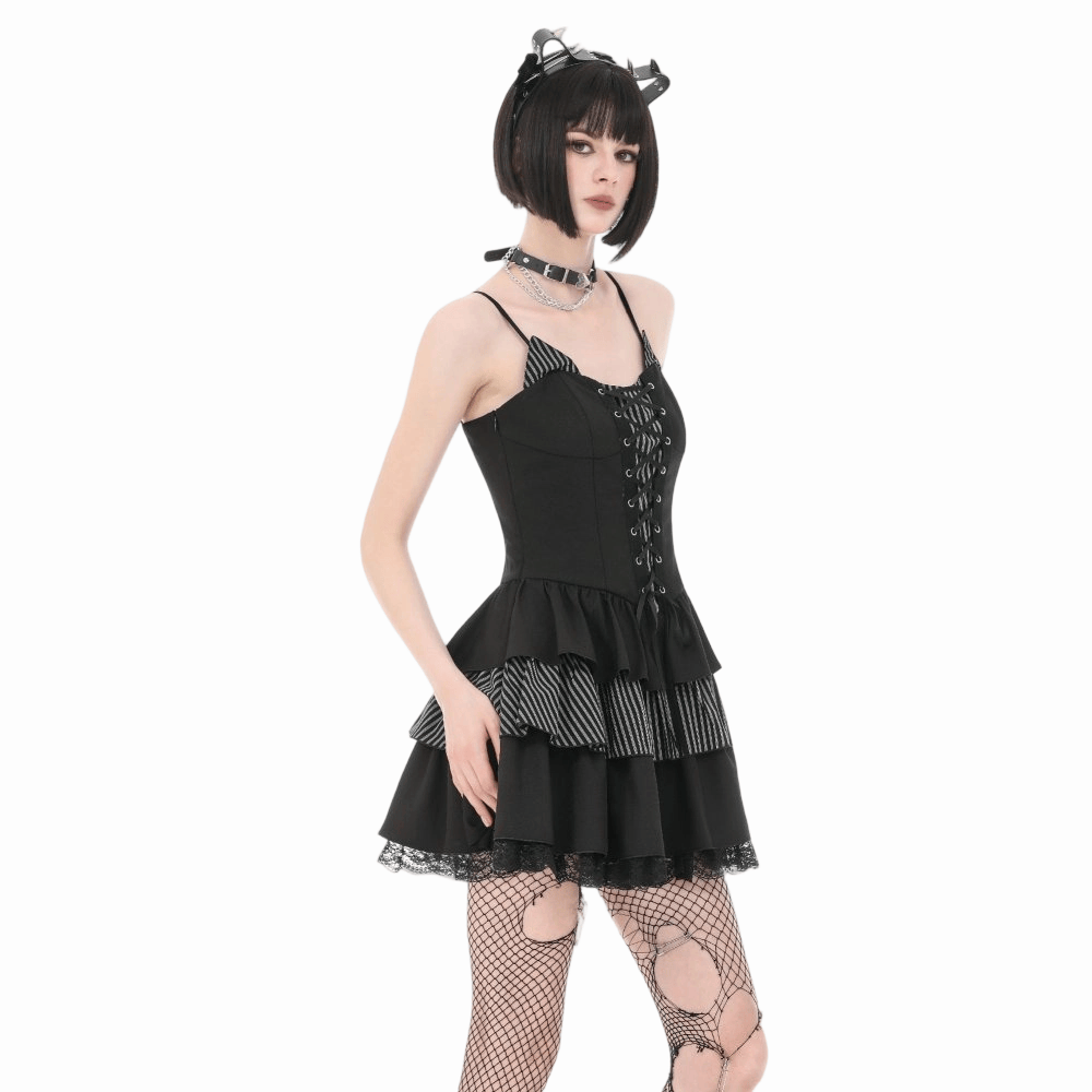 Darkinlove Women's Gothic Pinstripe Lace-up Slip Dress