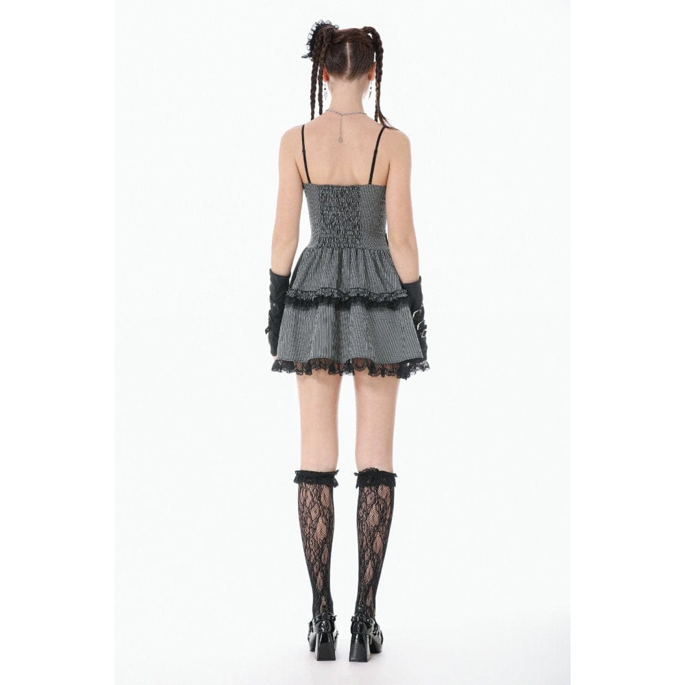 Darkinlove Women's Gothic Pinstripe Multilayer Falbala Slip Dress