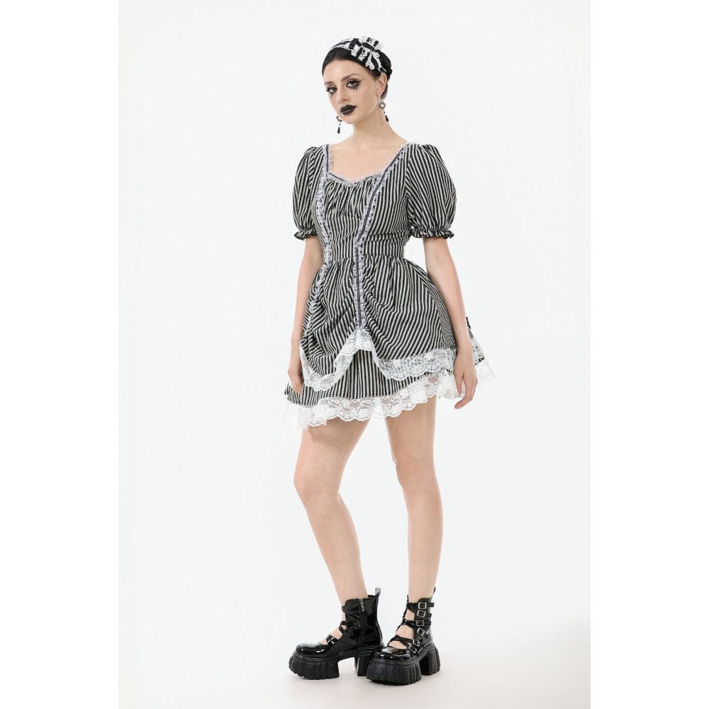 Darkinlove Women's Gothic Pinstripes Ruffles Lace Hem Dress