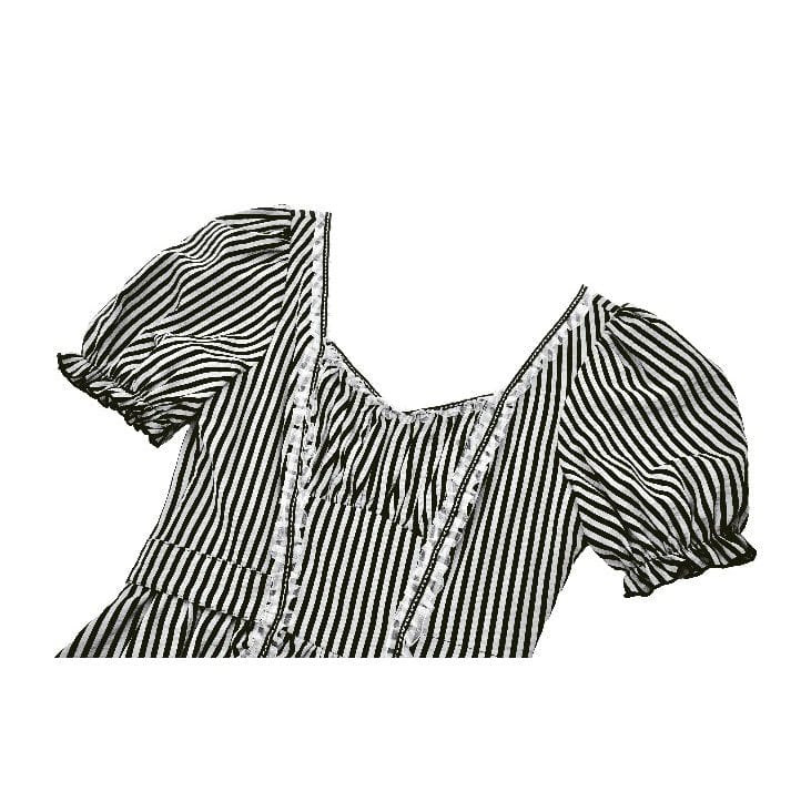 Darkinlove Women's Gothic Pinstripes Ruffles Lace Hem Dress