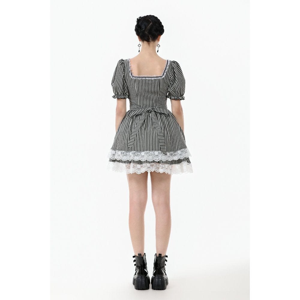 Darkinlove Women's Gothic Pinstripes Ruffles Lace Hem Dress