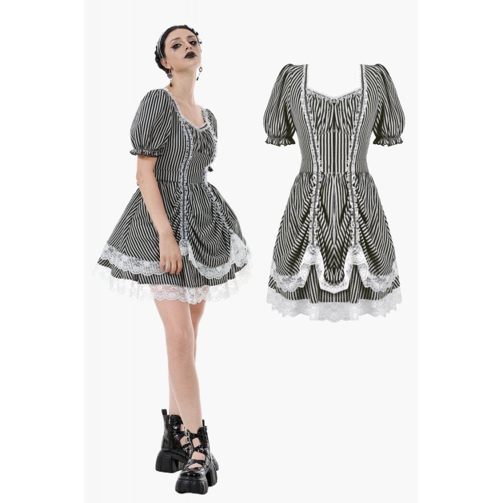 Darkinlove Women's Gothic Pinstripes Ruffles Lace Hem Dress
