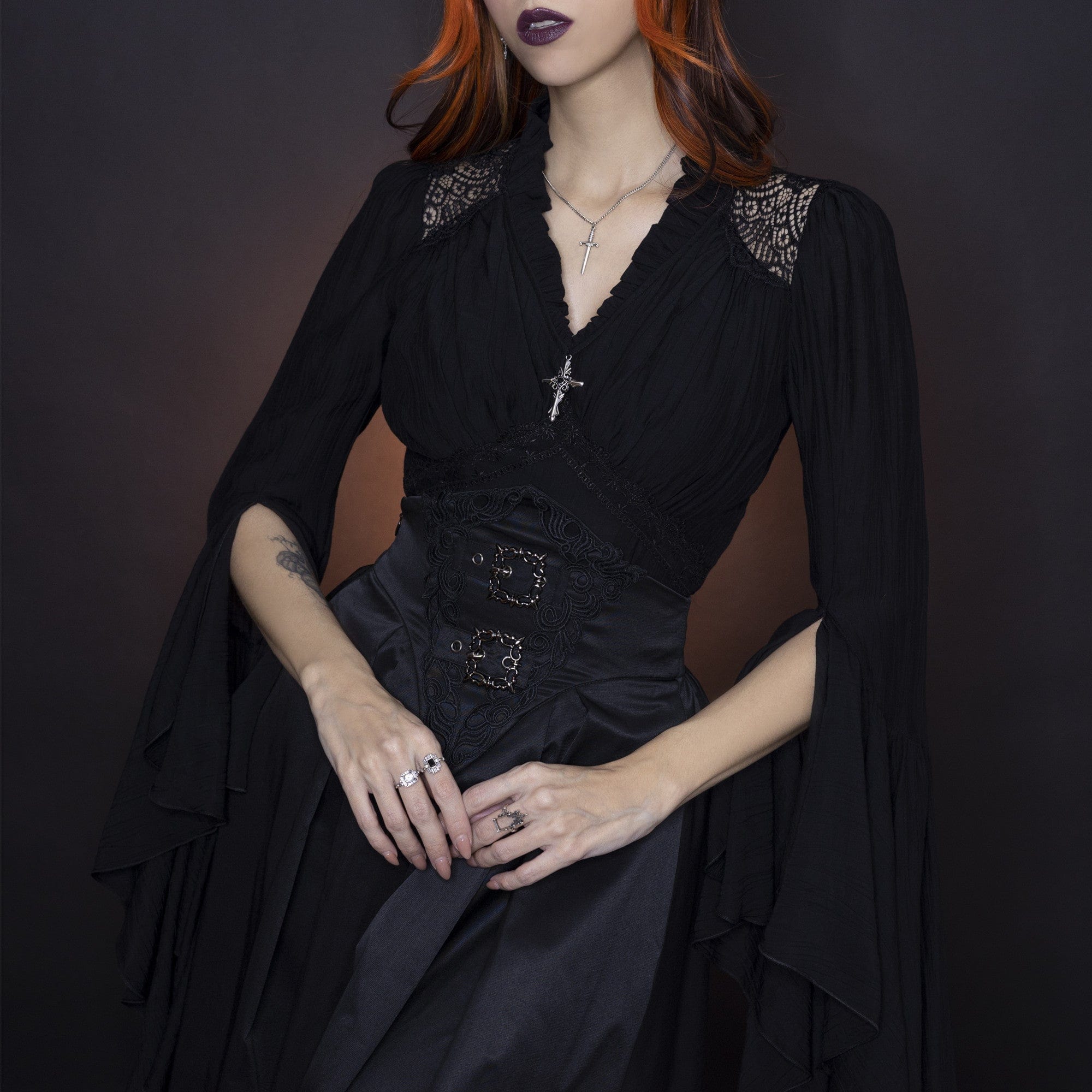 Darkinlove Women's Gothic Pleated Toned Horn Long Sleeved Shirt