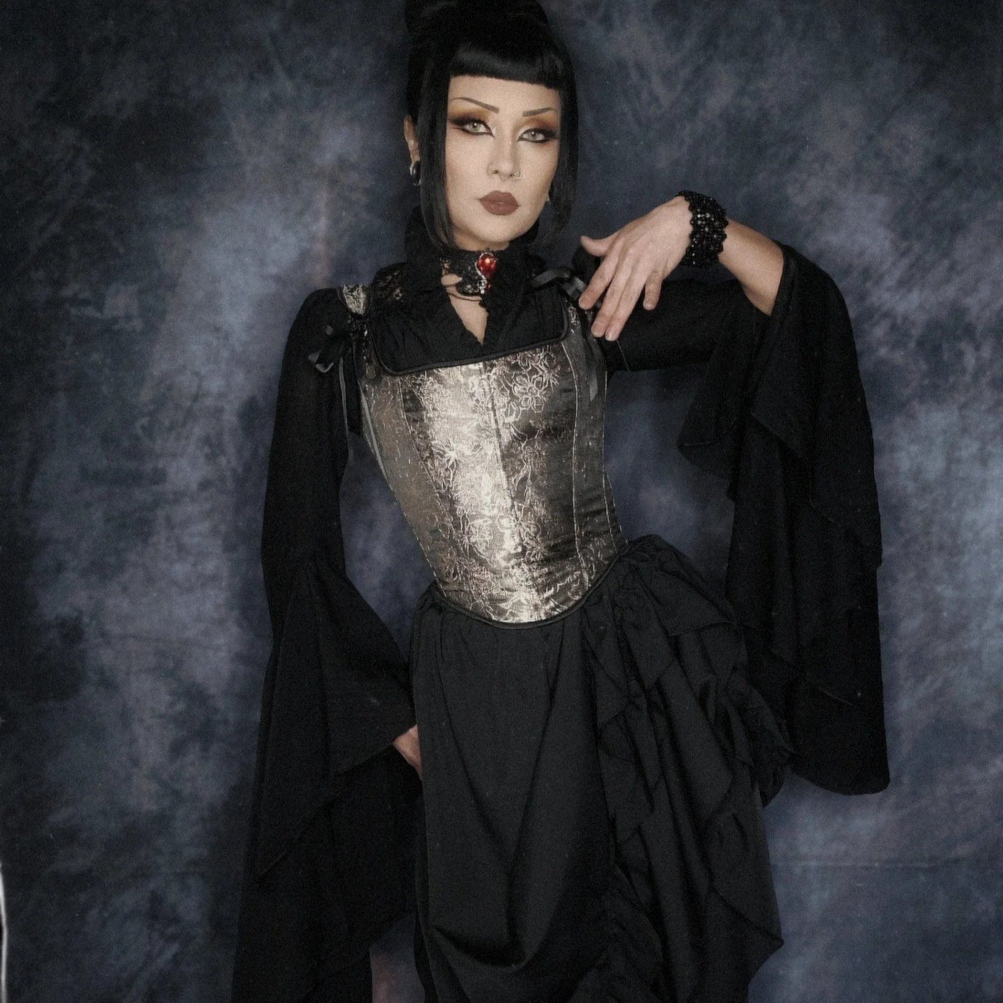 Darkinlove Women's Gothic Pleated Toned Horn Long Sleeved Shirt