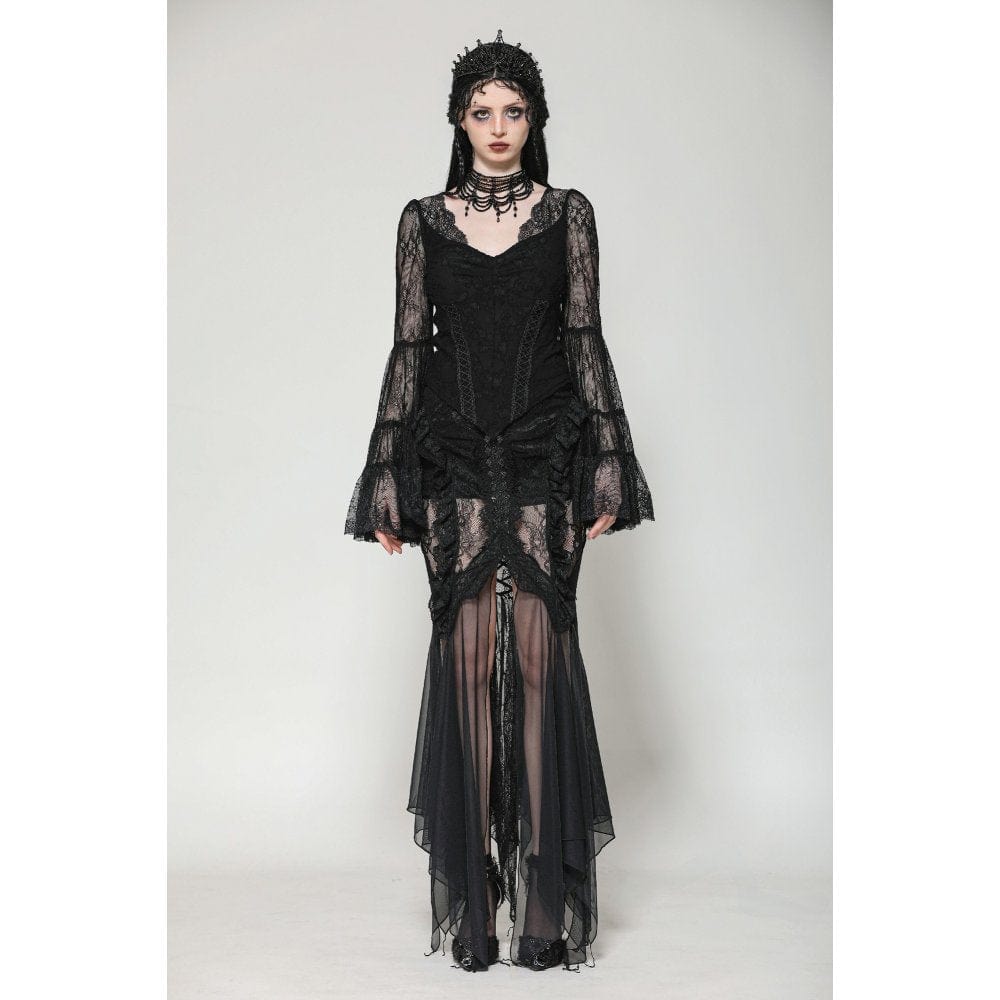 Darkinlove Women's Gothic Plunging Flared Sleeved Lace Shirt