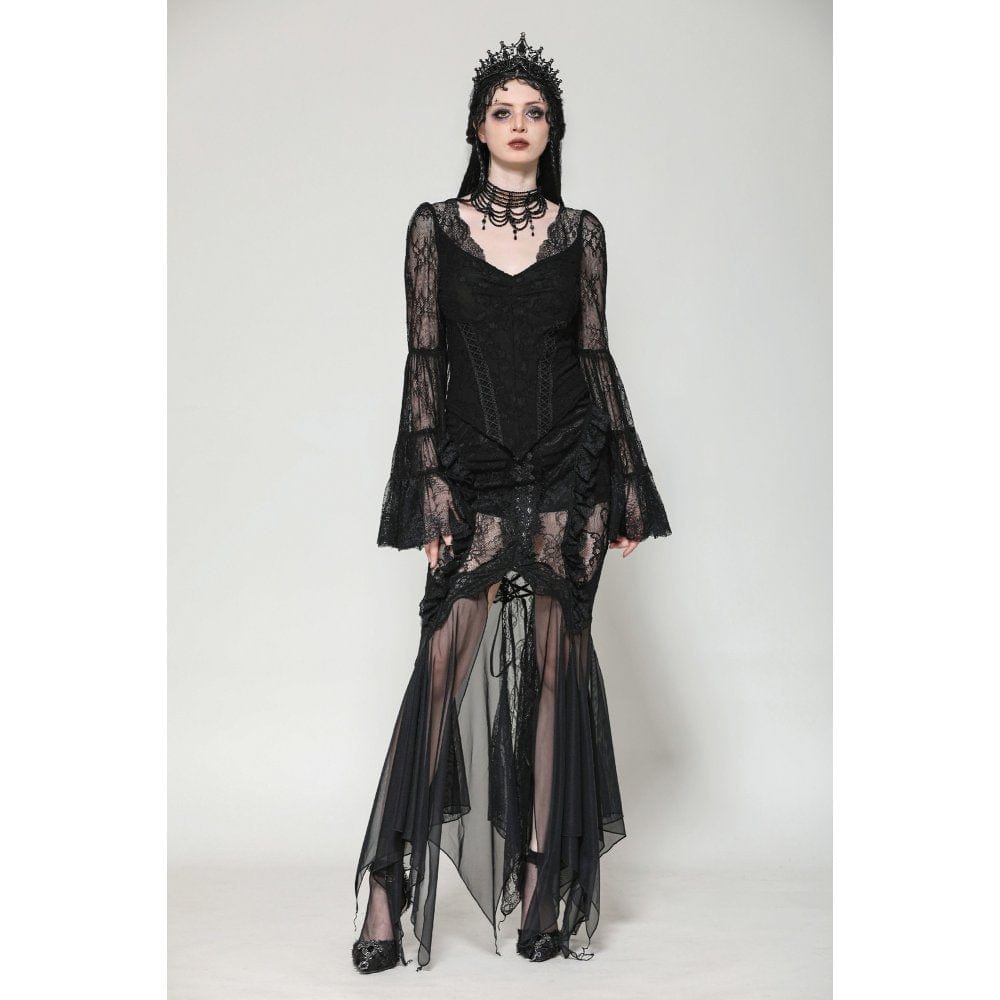Darkinlove Women's Gothic Plunging Flared Sleeved Lace Shirt