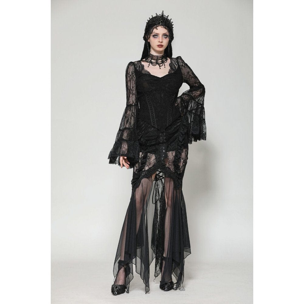 Darkinlove Women's Gothic Plunging Flared Sleeved Lace Shirt