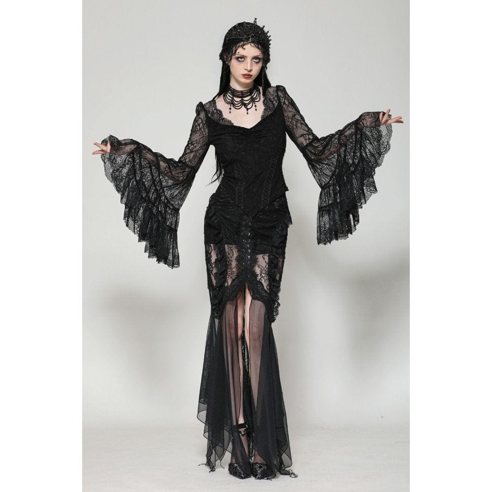 Darkinlove Women's Gothic Plunging Flared Sleeved Lace Shirt