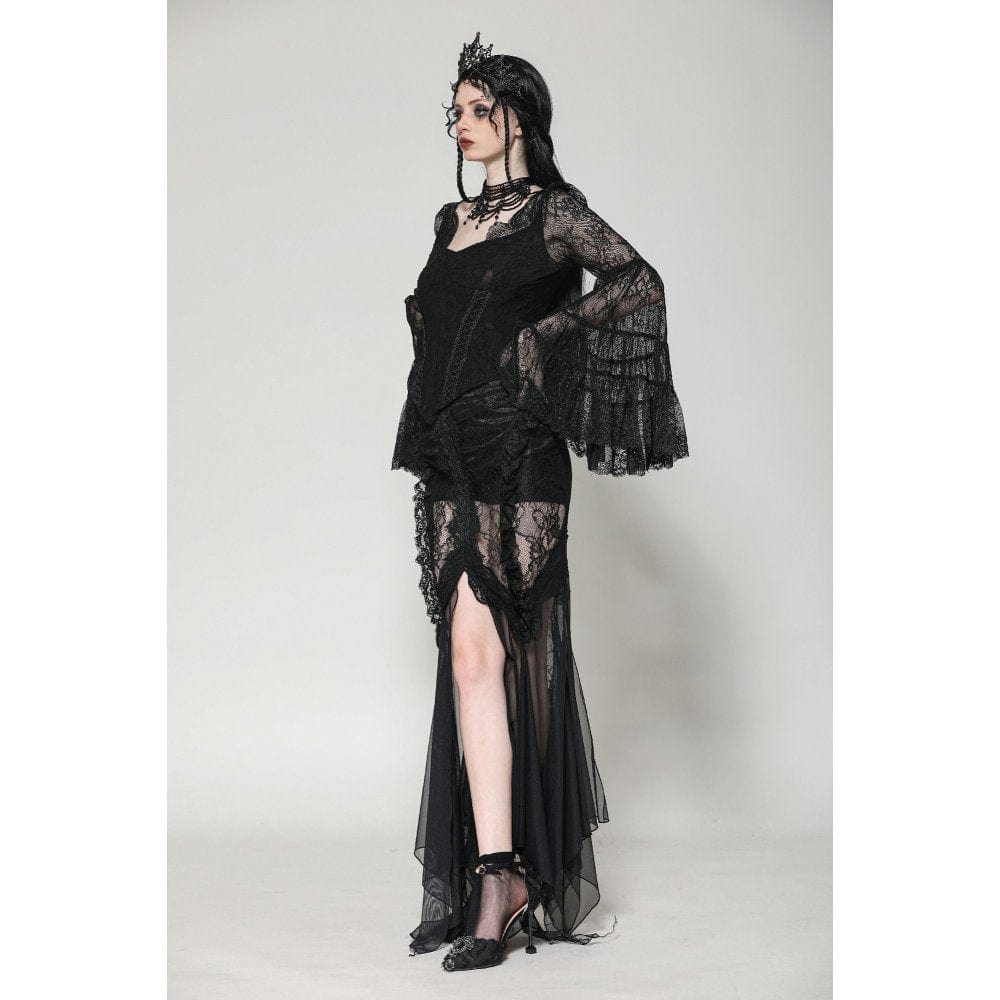 Darkinlove Women's Gothic Plunging Flared Sleeved Lace Shirt