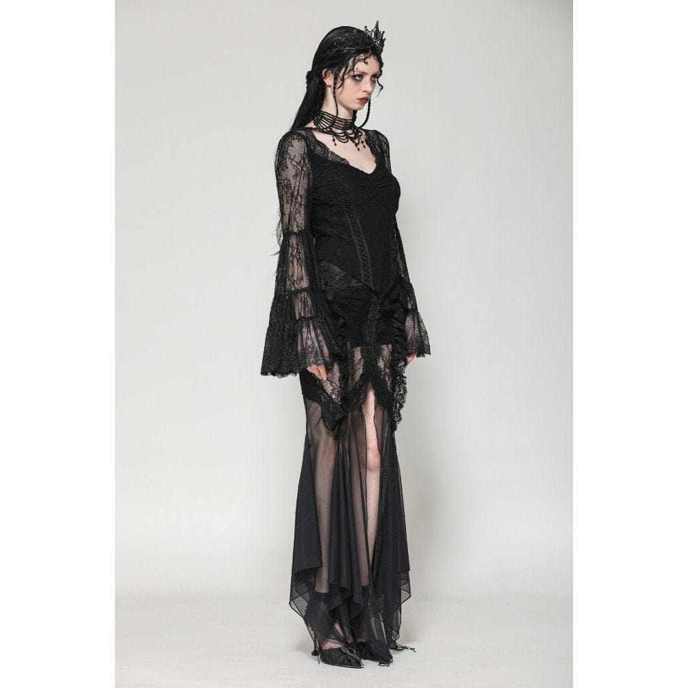 Darkinlove Women's Gothic Plunging Flared Sleeved Lace Shirt