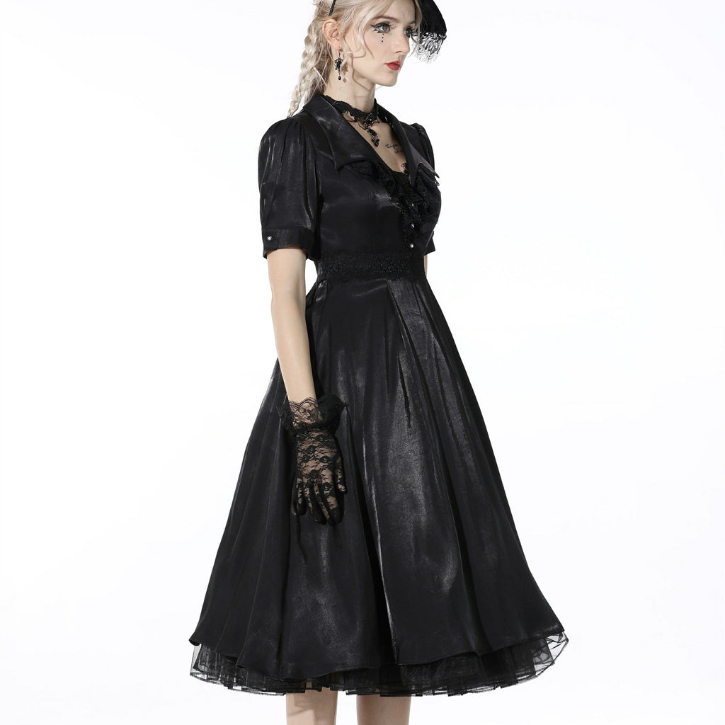 Darkinlove Women's Gothic Plunging Pleated Black Dress