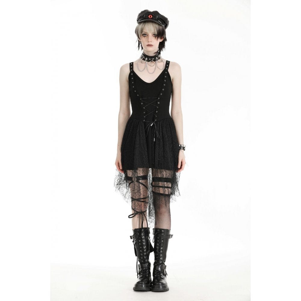 Darkinlove Women's Gothic Plunging Spider Mesh Splice Witch Slip Dress