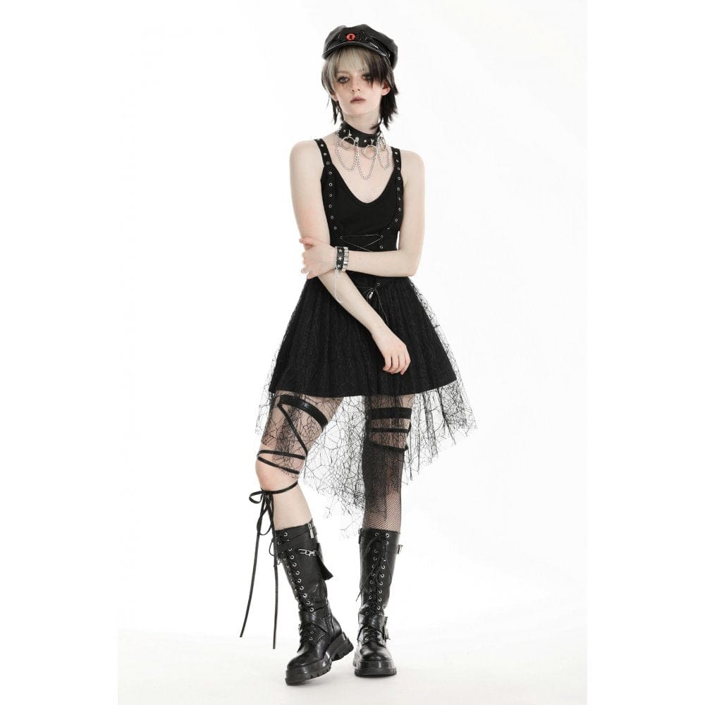 Darkinlove Women's Gothic Plunging Spider Mesh Splice Witch Slip Dress