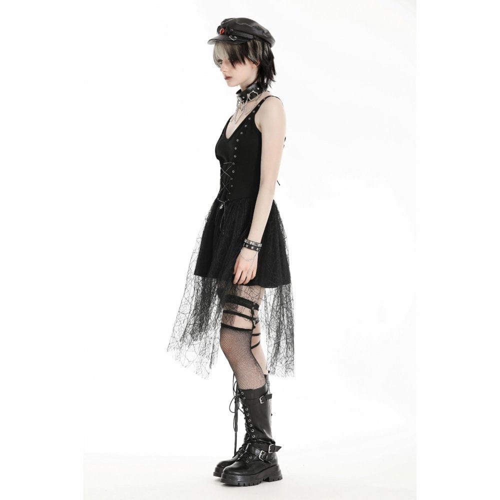 Darkinlove Women's Gothic Plunging Spider Mesh Splice Witch Slip Dress