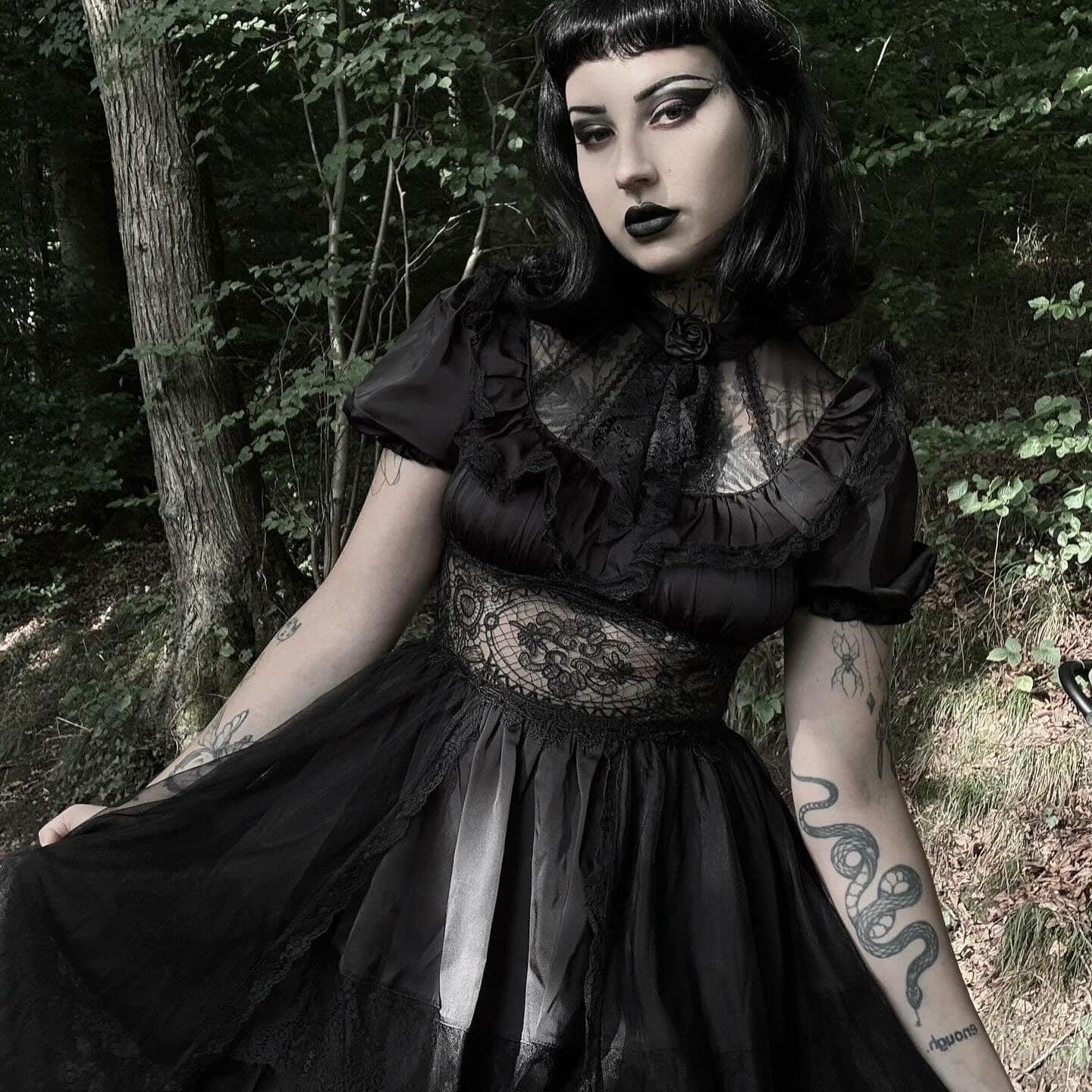 Darkinlove Women's Gothic Puff Sleeved High/low Multilayer Chiffon Dress