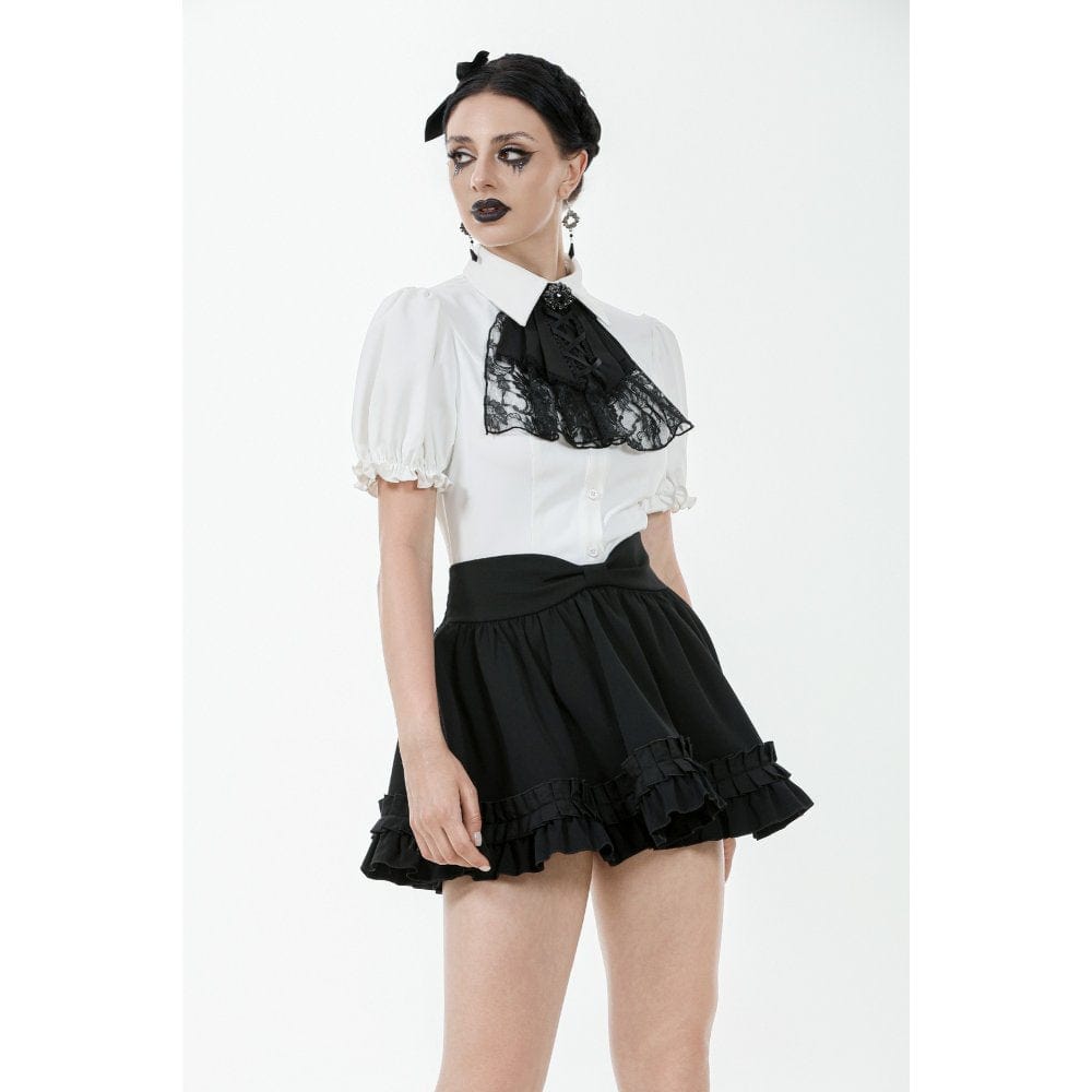 Darkinlove Women's Gothic Puff Sleeved Short Sleeved Shirt with Lace Bow Tie