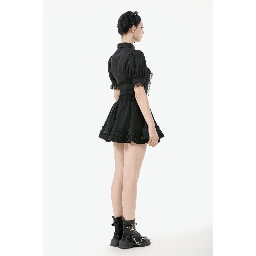 Darkinlove Women's Gothic Puff Sleeved Short Sleeved Shirt with Lace Tie