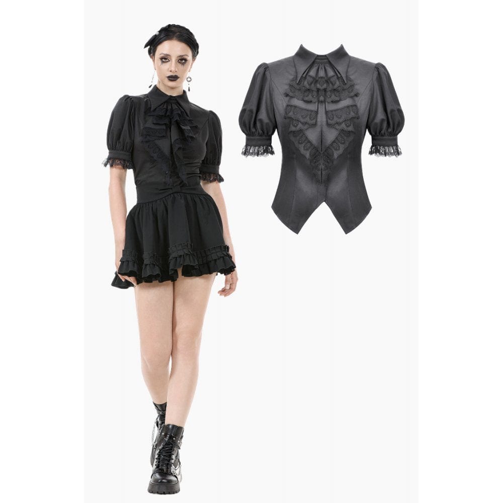 Darkinlove Women's Gothic Puff Sleeved Short Sleeved Shirt with Lace Tie