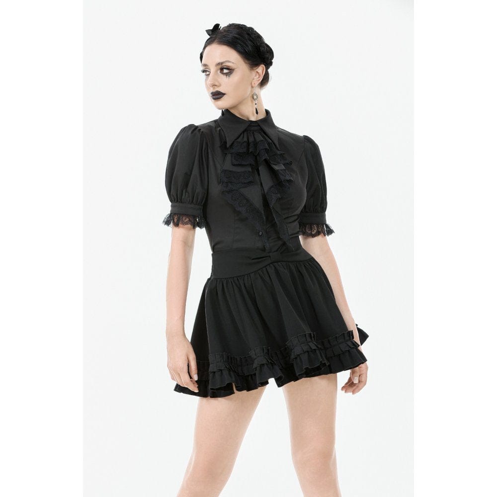 Darkinlove Women's Gothic Puff Sleeved Short Sleeved Shirt with Lace Tie