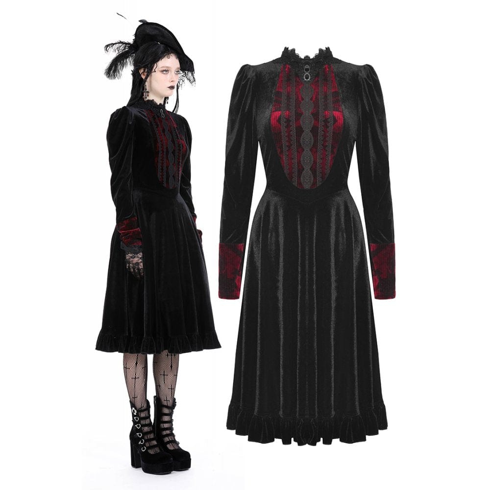 Darkinlove Women's Gothic Puff Sleeved Stand Collar Velvet Dress