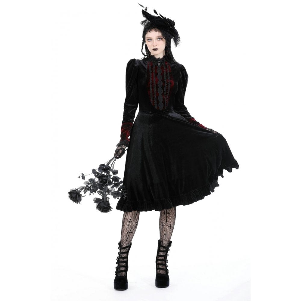 Darkinlove Women's Gothic Puff Sleeved Stand Collar Velvet Dress