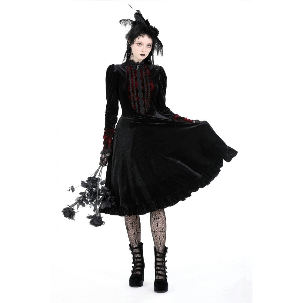 Darkinlove Women's Gothic Puff Sleeved Stand Collar Velvet Dress