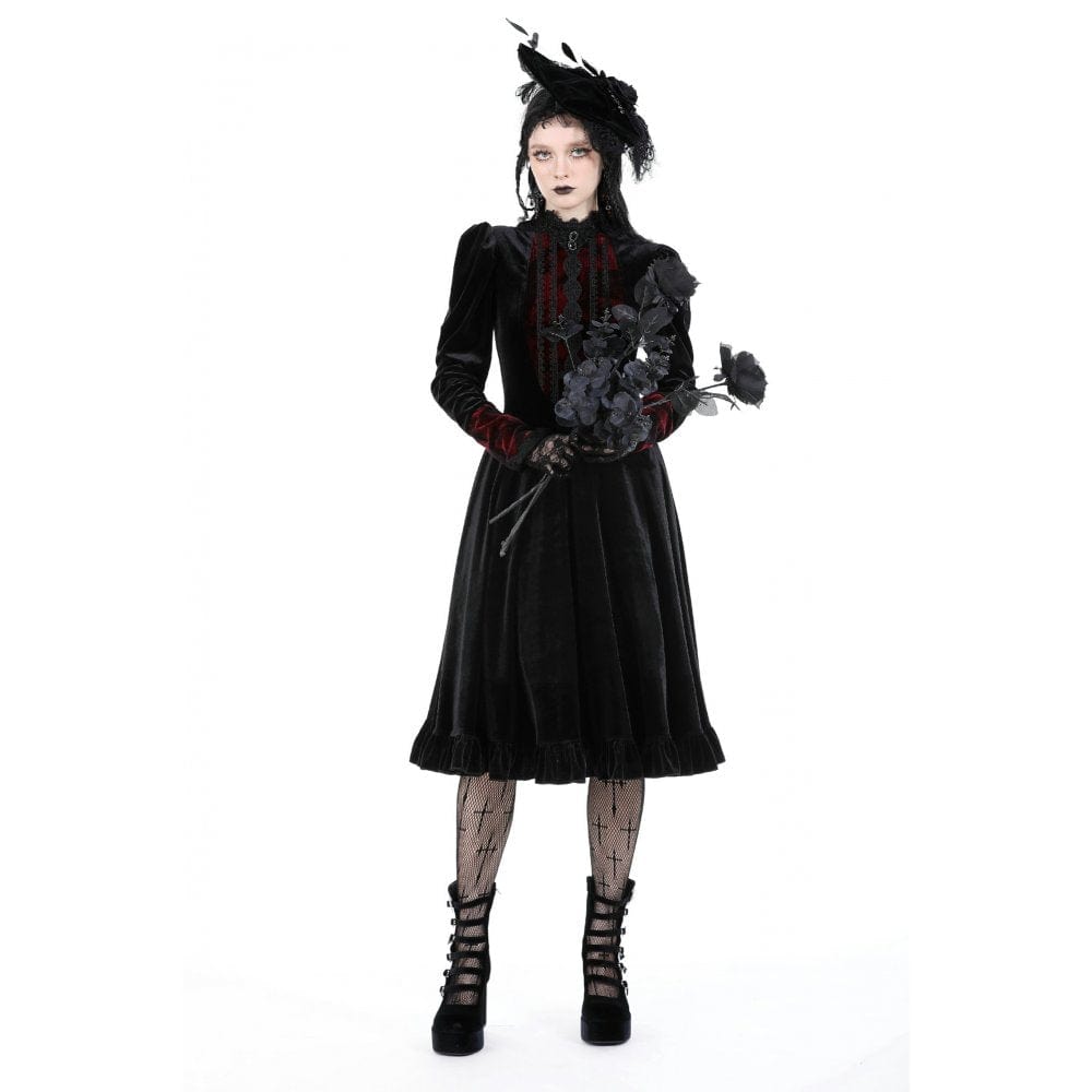 Darkinlove Women's Gothic Puff Sleeved Stand Collar Velvet Dress