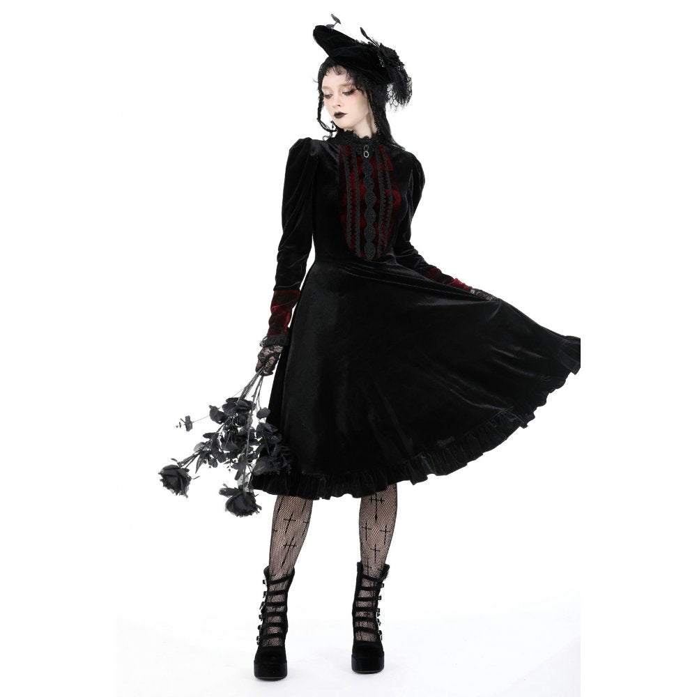 Darkinlove Women's Gothic Puff Sleeved Stand Collar Velvet Dress